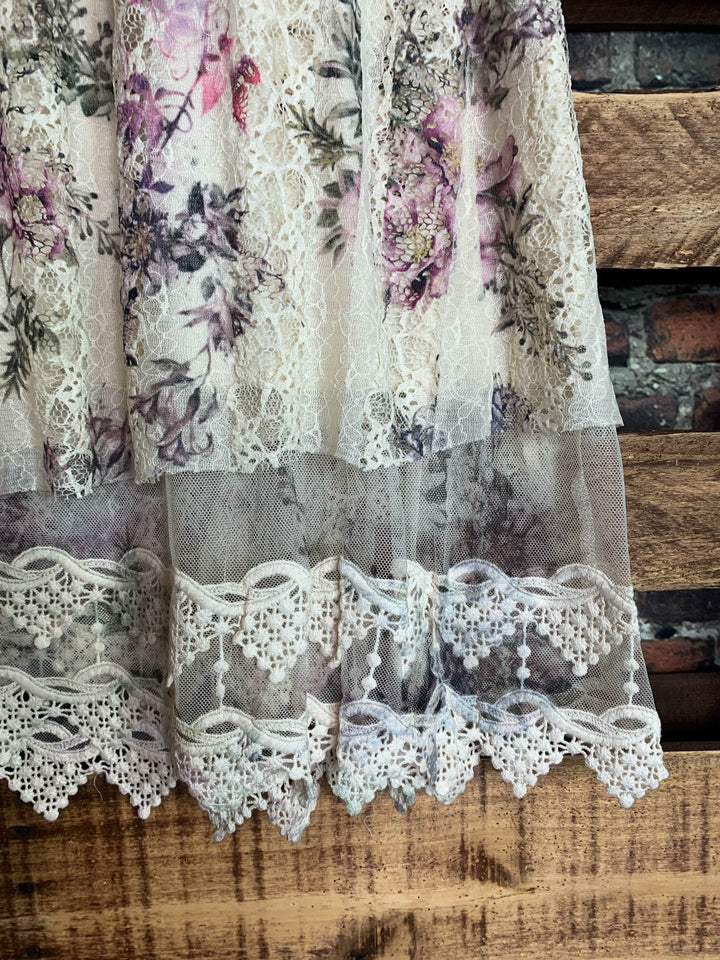 A LITTLE ENCHANTMENT ROSES LAYERED SLIP DRESS TUNIC IN  BEIGE & FLORAL