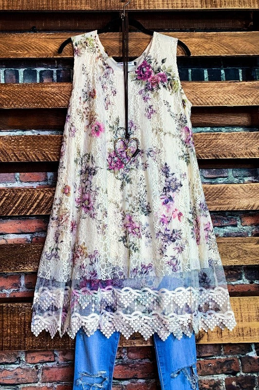A LITTLE ENCHANTMENT ROSES LAYERED SLIP DRESS TUNIC IN  BEIGE & FLORAL