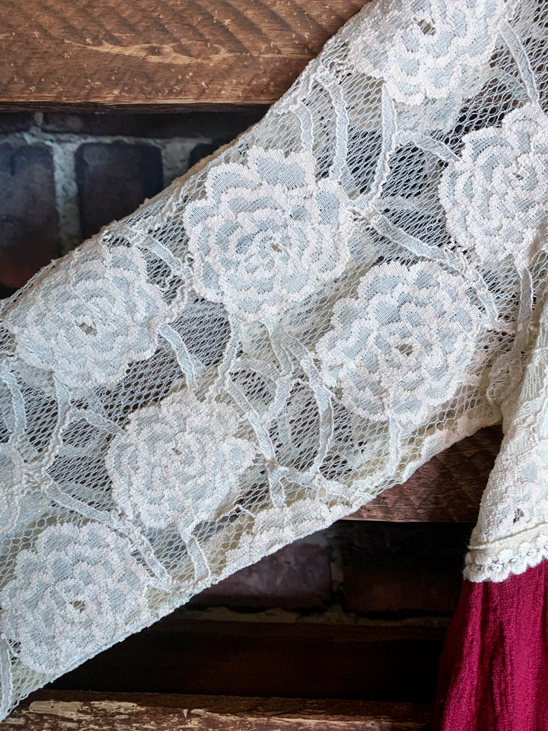 You and Me Could Write a Good Romance Lace Dress in Beige & Crimson-----------SALE