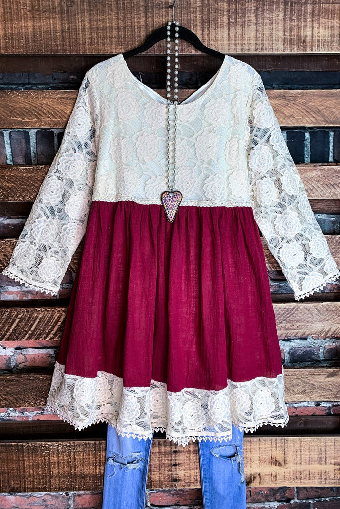 You and Me Could Write a Good Romance Lace Dress in Beige & Crimson-----------SALE