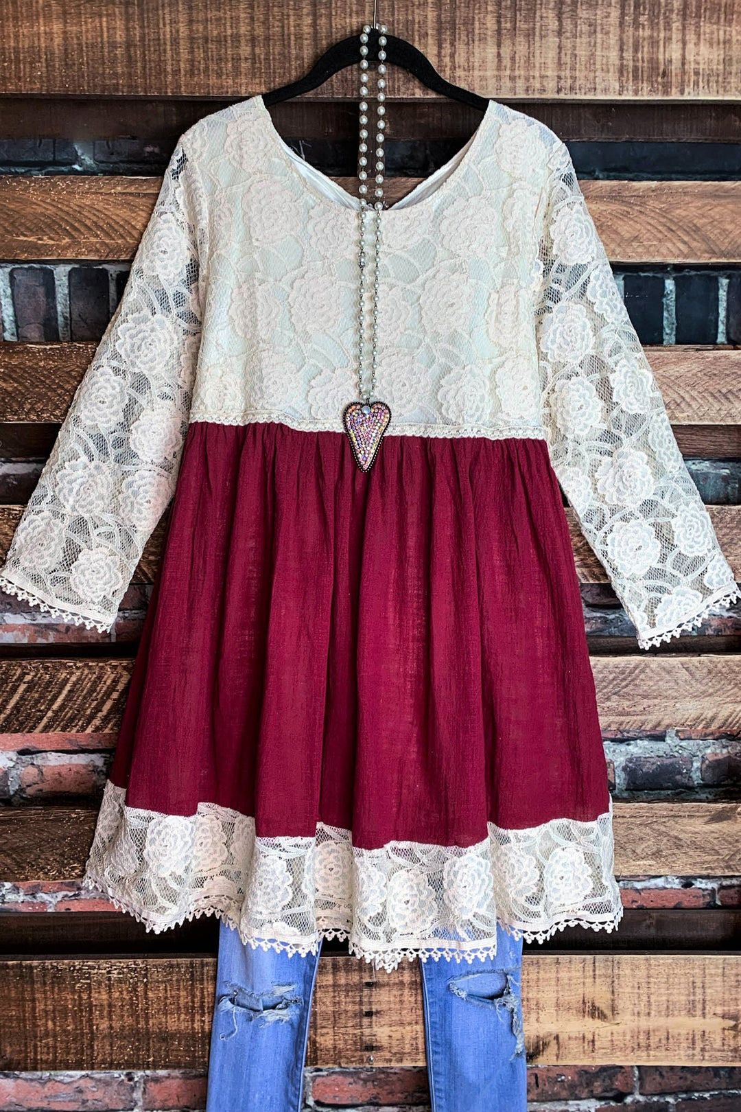 You and Me Could Write a Good Romance Lace Dress in Beige & Crimson-----------SALE