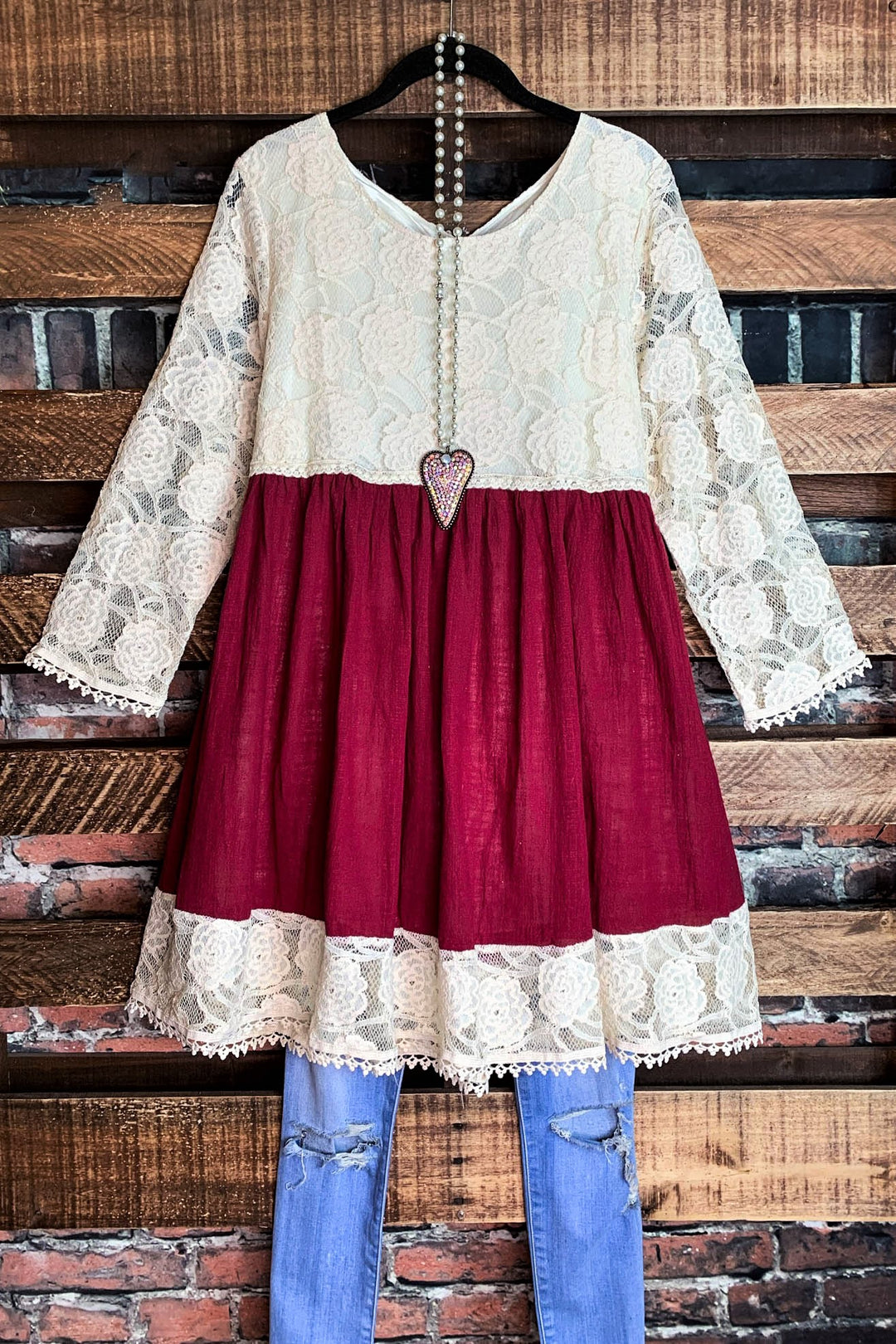 You and Me Could Write a Good Romance Lace Dress in Beige & Crimson-----------SALE