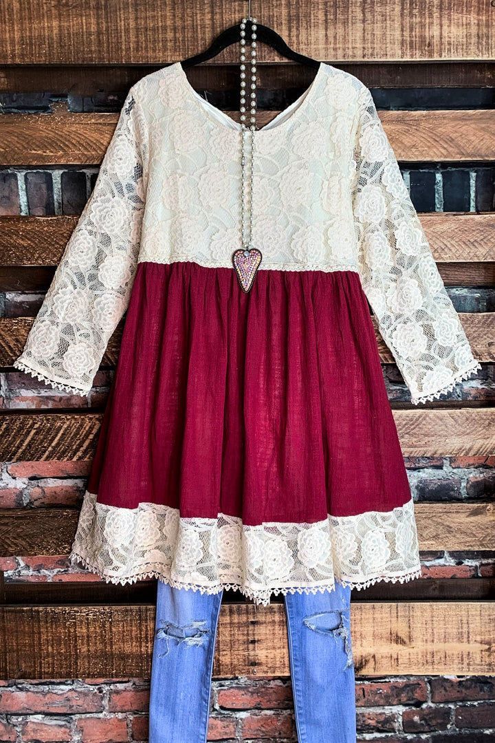 You and Me Could Write a Good Romance Lace Dress in Beige & Crimson-----------SALE