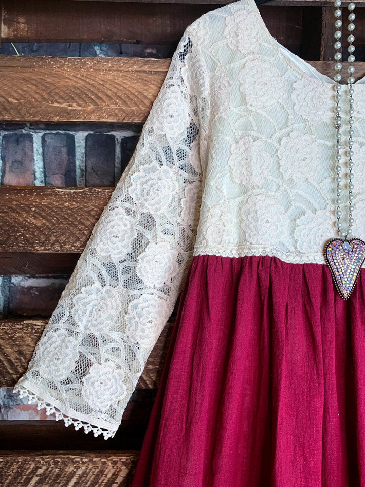 You and Me Could Write a Good Romance Lace Dress in Beige & Crimson-----------SALE