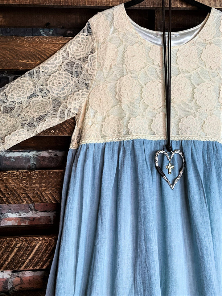 You and Me Could Write a Good Romance Lace Dress in Beige & Light Blue--------SALE