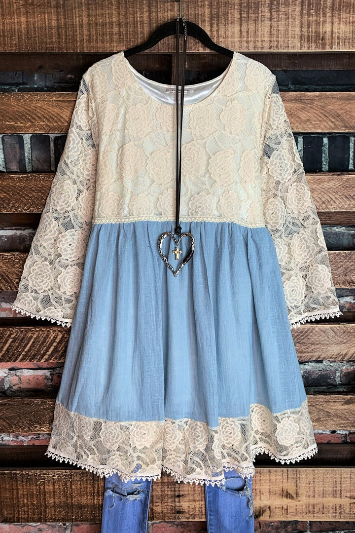 You and Me Could Write a Good Romance Lace Dress in Beige & Light Blue--------SALE