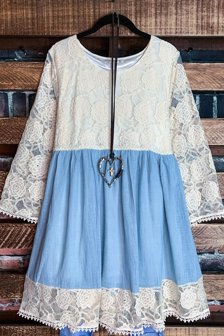 You and Me Could Write a Good Romance Lace Dress in Beige & Light Blue--------SALE