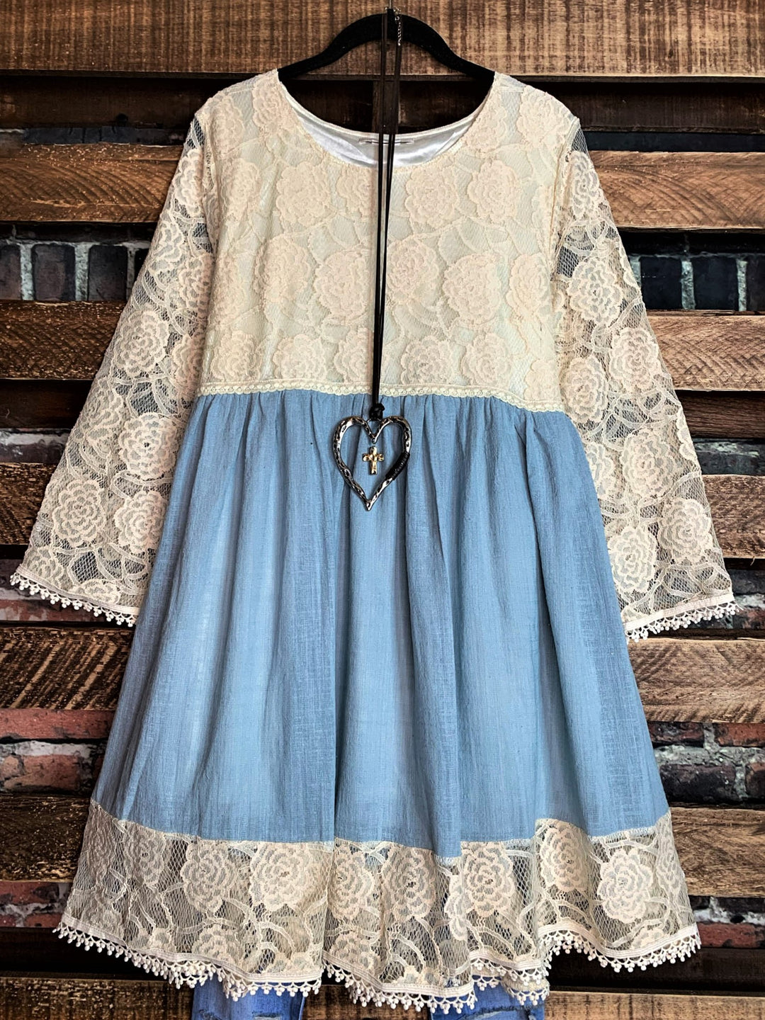 You and Me Could Write a Good Romance Lace Dress in Beige & Light Blue--------SALE