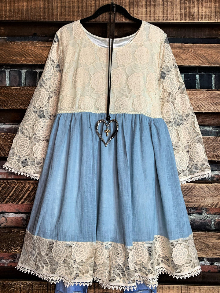 You and Me Could Write a Good Romance Lace Dress in Beige & Light Blue--------SALE