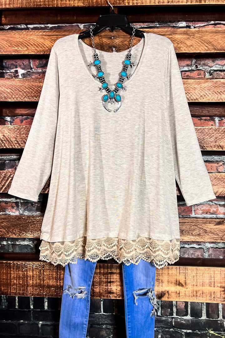 LET'S GO TO TOWN LOVELY LACE OATMEAL T-SHIRT TOP