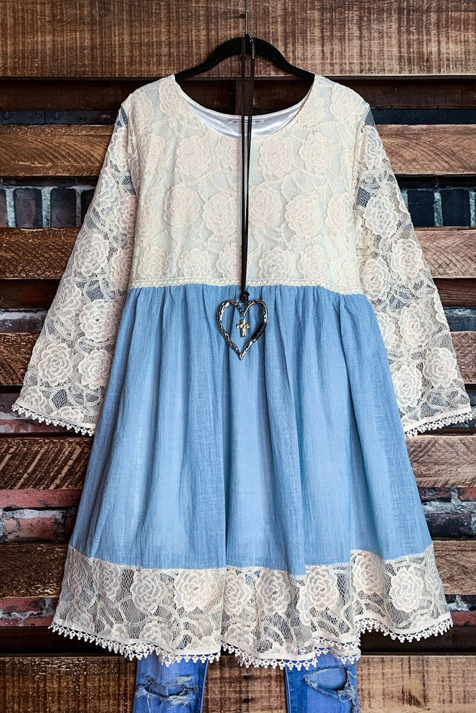 You and Me Could Write a Good Romance Lace Dress in Beige & Light Blue--------SALE