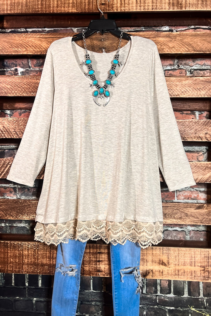 LET'S GO TO TOWN LOVELY LACE OATMEAL T-SHIRT TOP
