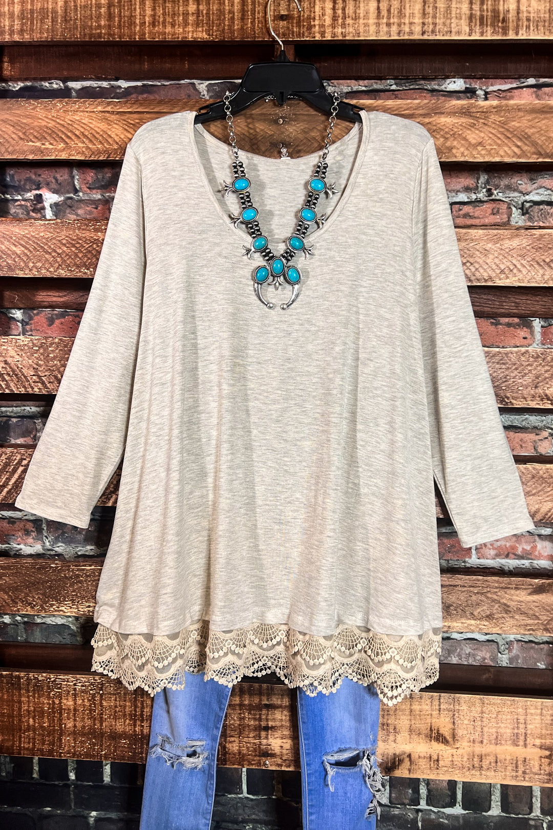 LET'S GO TO TOWN LOVELY LACE OATMEAL T-SHIRT TOP