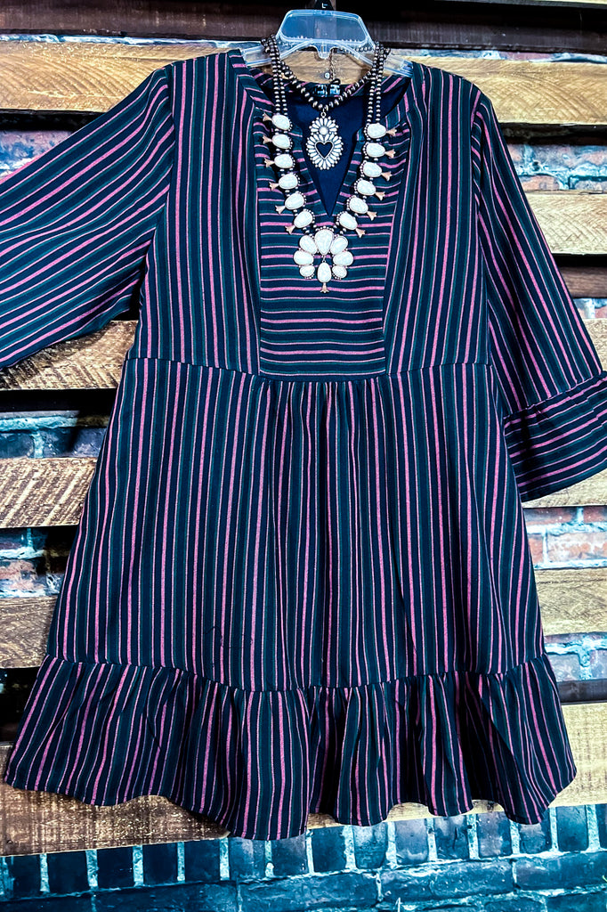 AT THAT MOMENT STRIPED RUFFLE DRESS IN NAVY & MAUVE