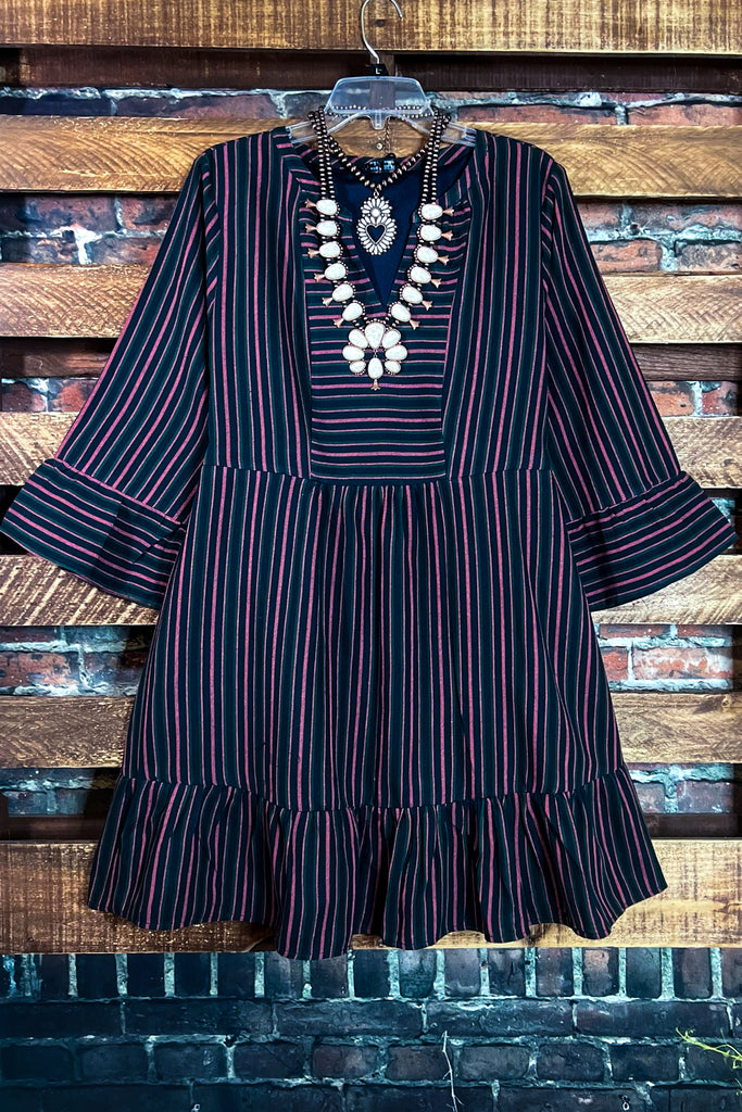 AT THAT MOMENT STRIPED RUFFLE DRESS IN NAVY & MAUVE