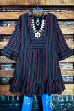 AT THAT MOMENT STRIPED RUFFLE DRESS IN NAVY & MAUVE