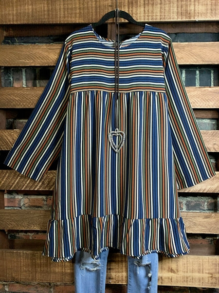 LIVING IN HARMONY BLUE & MULTI-COLOR STRIPE DRESS-----------SALE