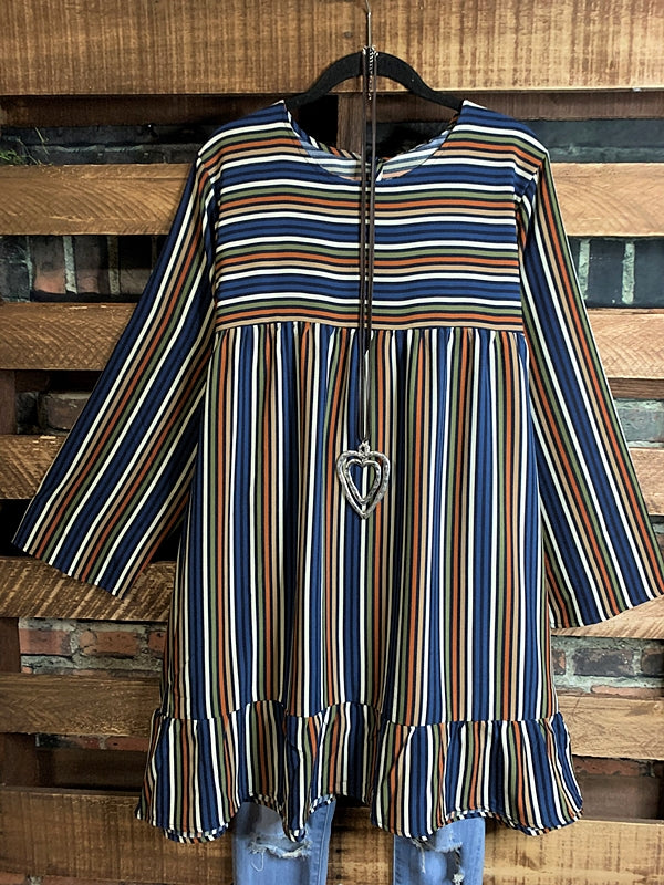 LIVING IN HARMONY BLUE & MULTI-COLOR STRIPE DRESS-----------SALE