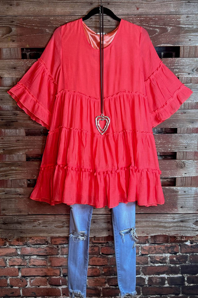 Better With Joy Pom Pom Dress in Coral------------sale