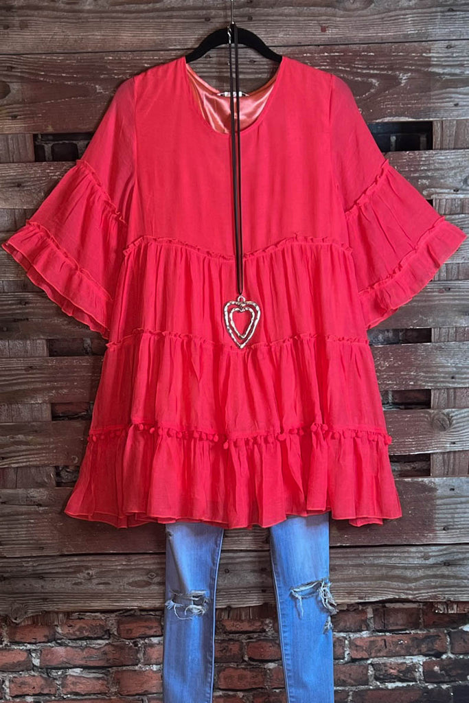Better With Joy Pom Pom Dress in Coral------------sale