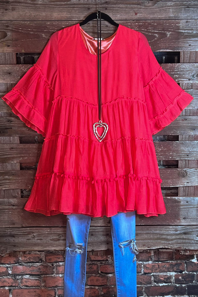 Better With Joy Pom Pom Dress in Coral------------sale