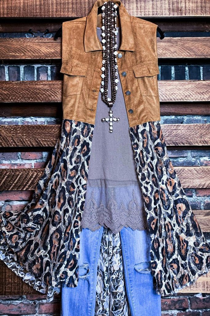 Incredible Beauty Leopard Print Lace Vest in Faux Suede