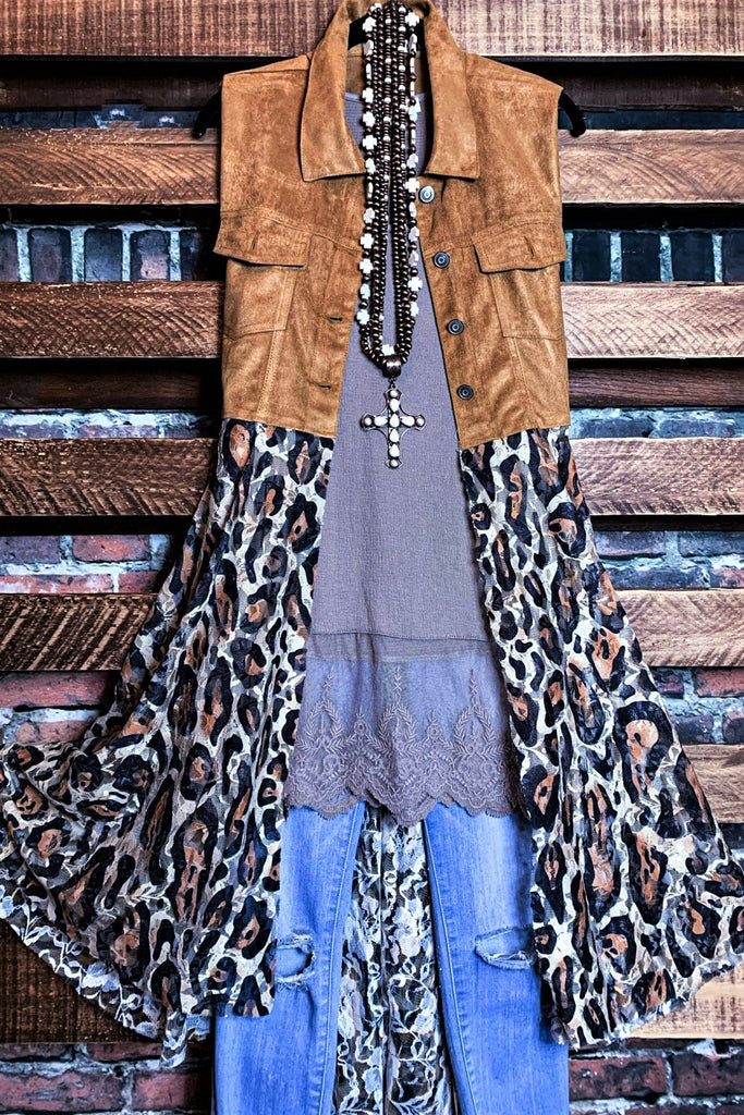 Incredible Beauty Leopard Print Lace Vest in Faux Suede