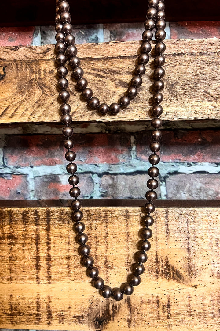 LONG PEARL BEAD NECKLACE SET IN BROWN MOCHA