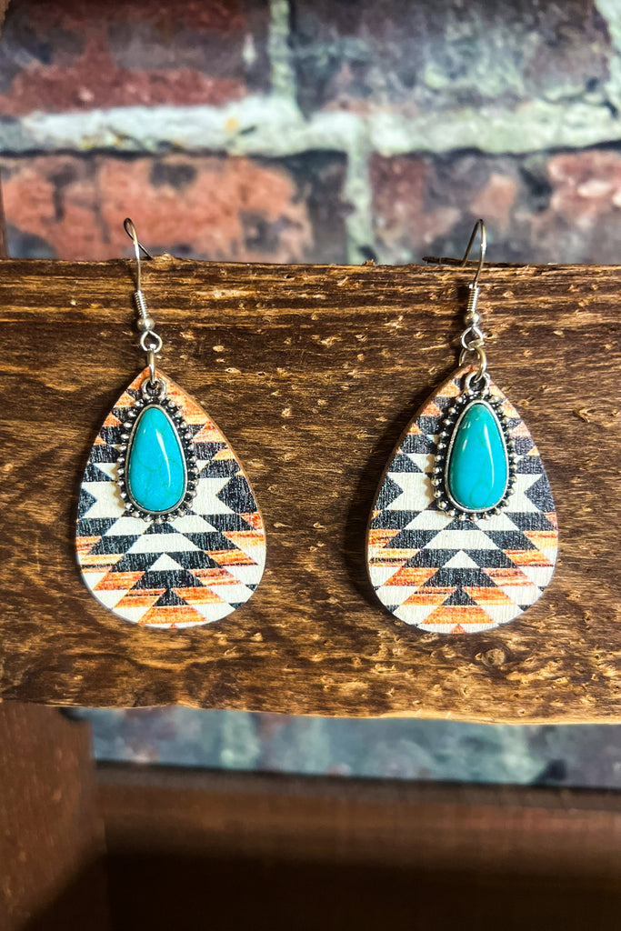 Western Aztec Wooden Teardrop Earrings Turquoise Stone