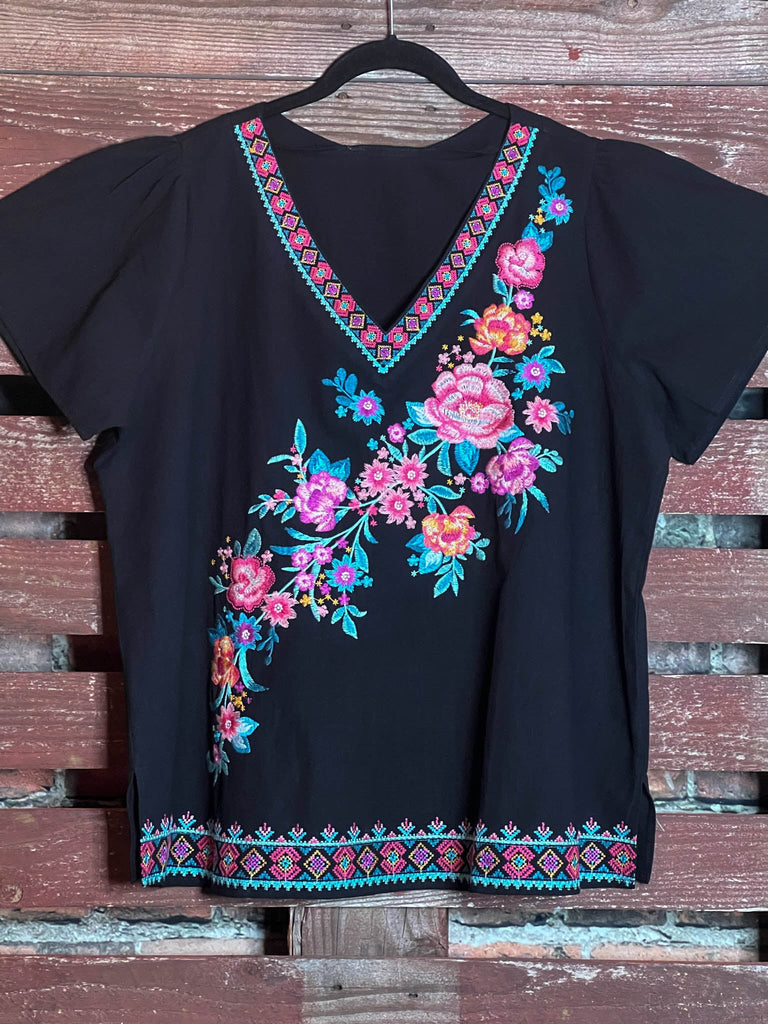 PRECIOUS PASSION 100% COTTON EMBROIDERED TOP IN BLACK