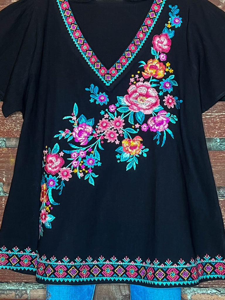 PRECIOUS PASSION 100% COTTON EMBROIDERED TOP IN BLACK