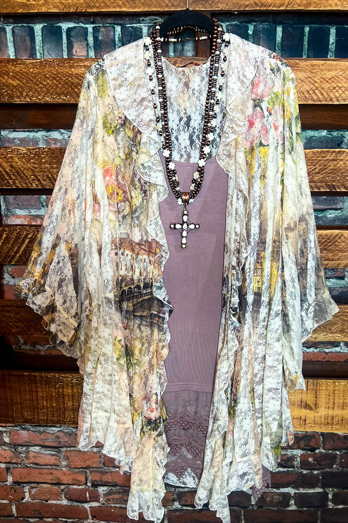 BE THE INSPIRATION PRETTY LACE KIMONO IN BEIGE