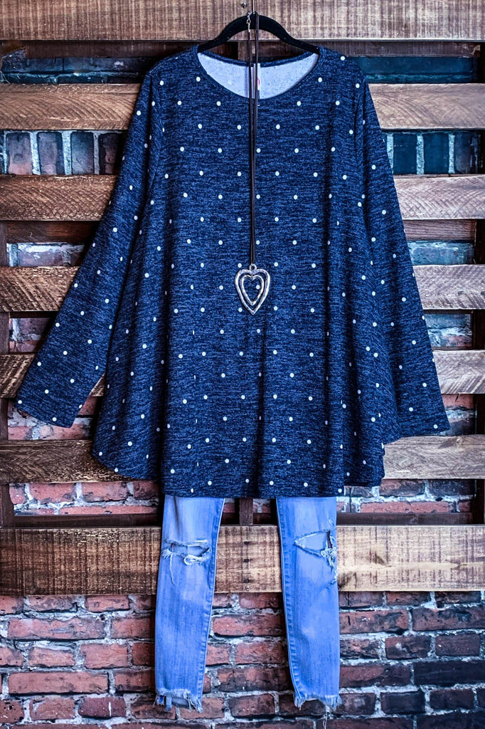 3X SWEATER TUNIC IN NAVY POLKA DOT---------SALE