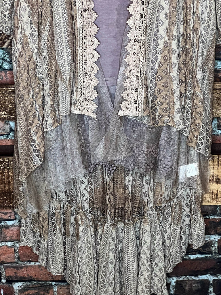 Touched By Love Lace Duster Cardigan in Taupe