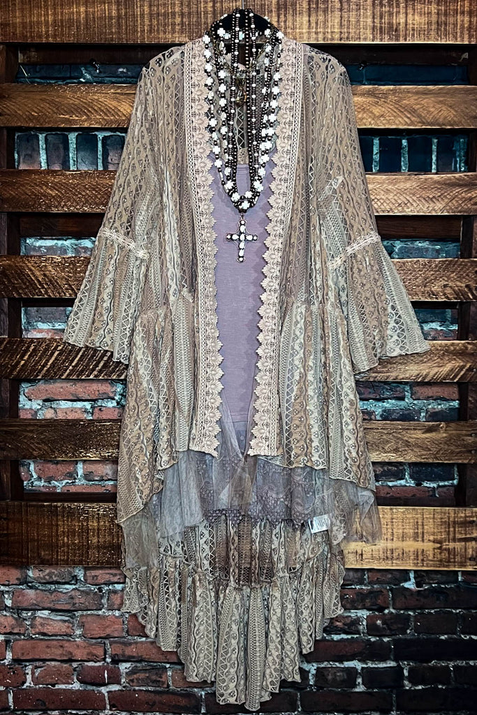 Touched By Love Lace Duster Cardigan in Taupe