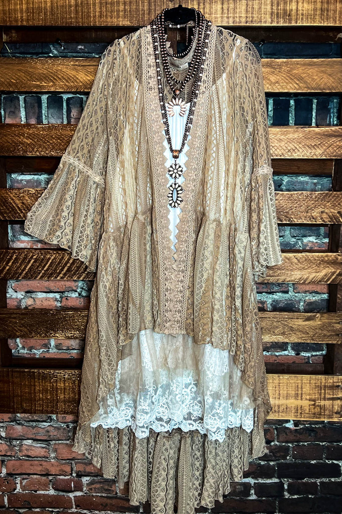 Touched By Love Lace Duster Cardigan in Taupe