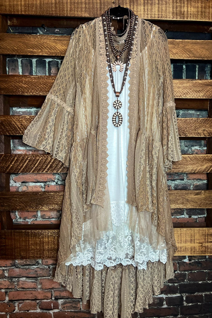 Touched By Love Lace Duster Cardigan in Taupe