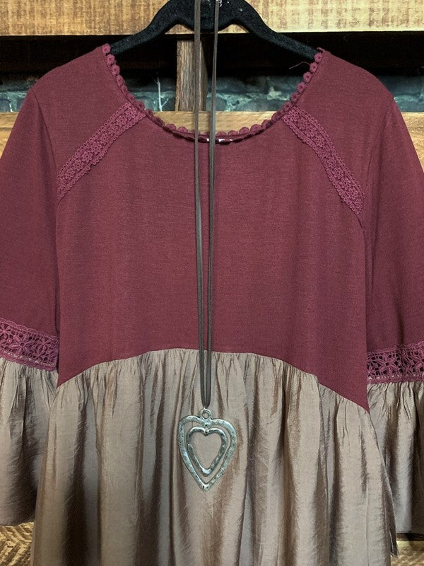 10-12 SIZE - EMPIRE WAIST BABYDOLL DRESS IN BURGUNDY & TAUPE MIX------sale
