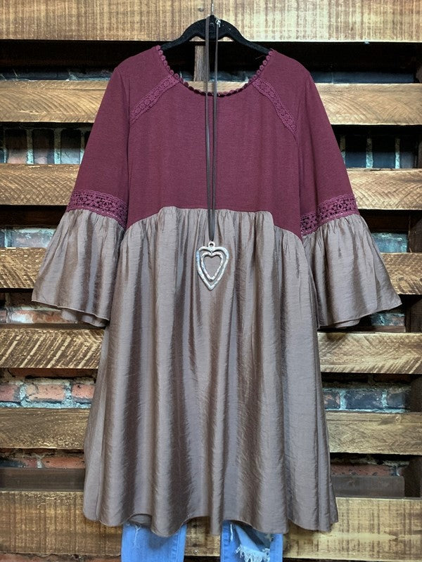 FEELING GROOVY EMPIRE WAIST BABYDOLL DRESS IN BURGUNDY & TAUPE MIX------sale