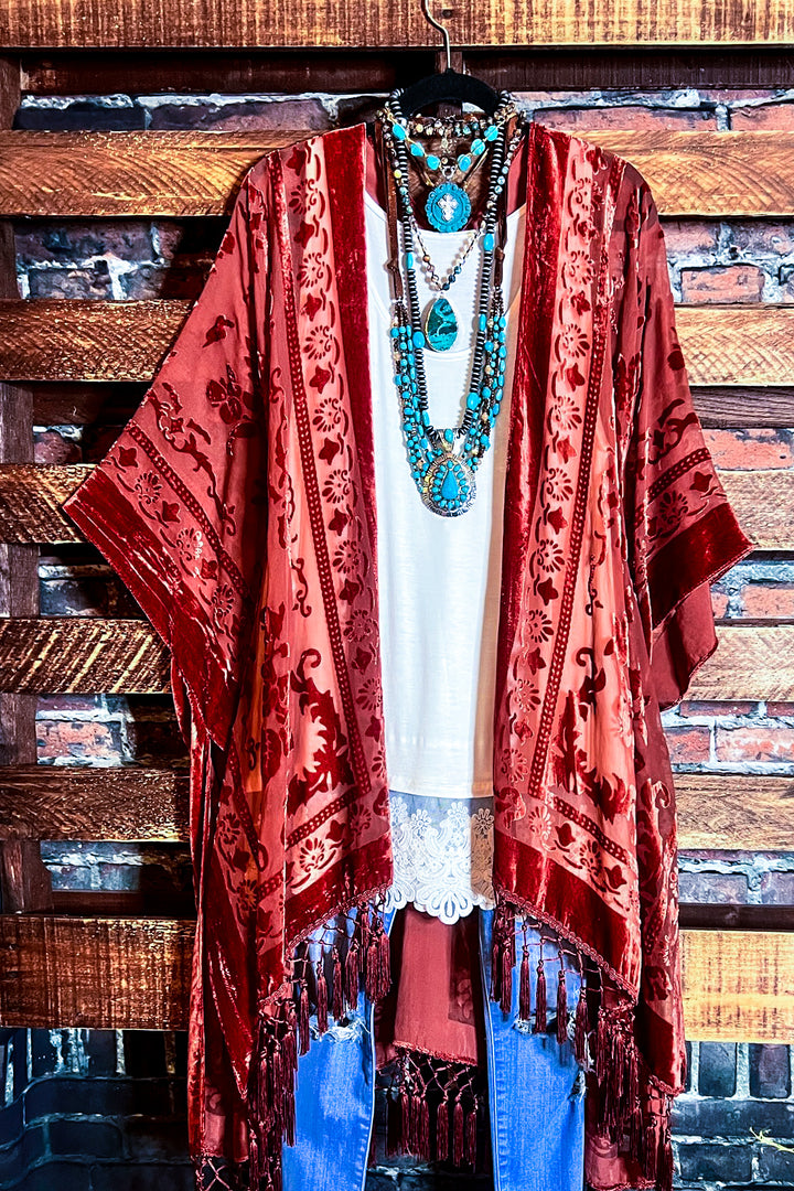 LA VIE BOHEME RUST VELVET BURNOUT KIMONO
