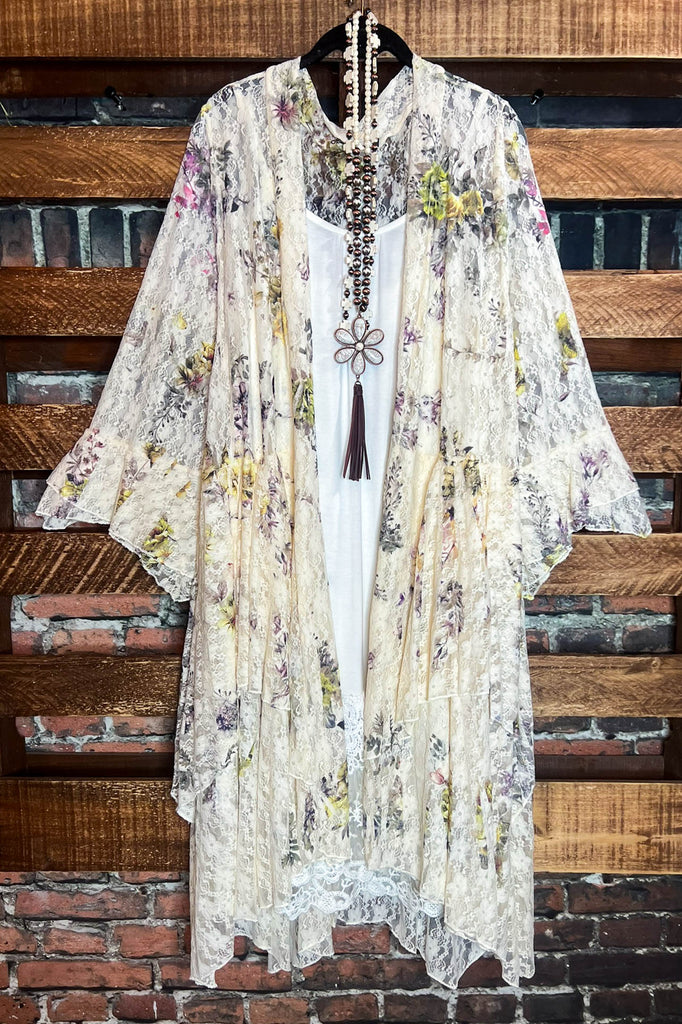 A Lifetime With You Floral Lace Duster Long Cardigan in Beige/Yellow