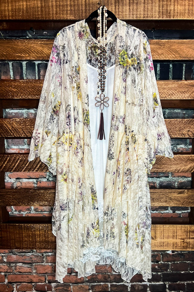 A Lifetime With You Floral Lace Duster Long Cardigan in Beige/Yellow