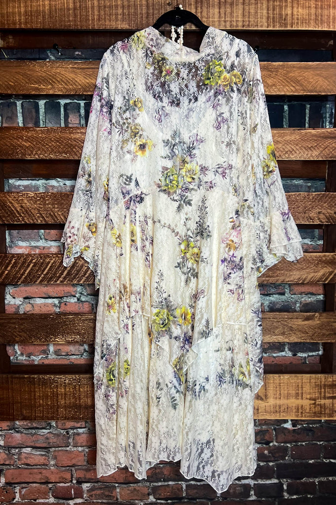 A Lifetime With You Floral Lace Duster Long Cardigan in Beige/Yellow