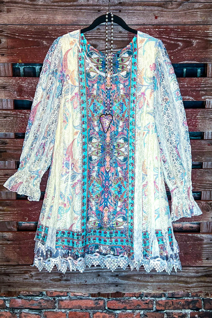 Feel The Love Lace Layered Tunic in Turquoise Multi-Color
