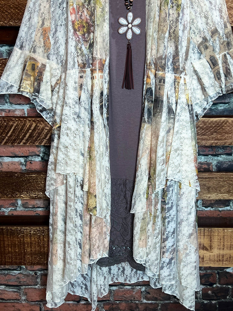Juliet Secret Garden Beige & Multi-Color Lace Duster Cardigan