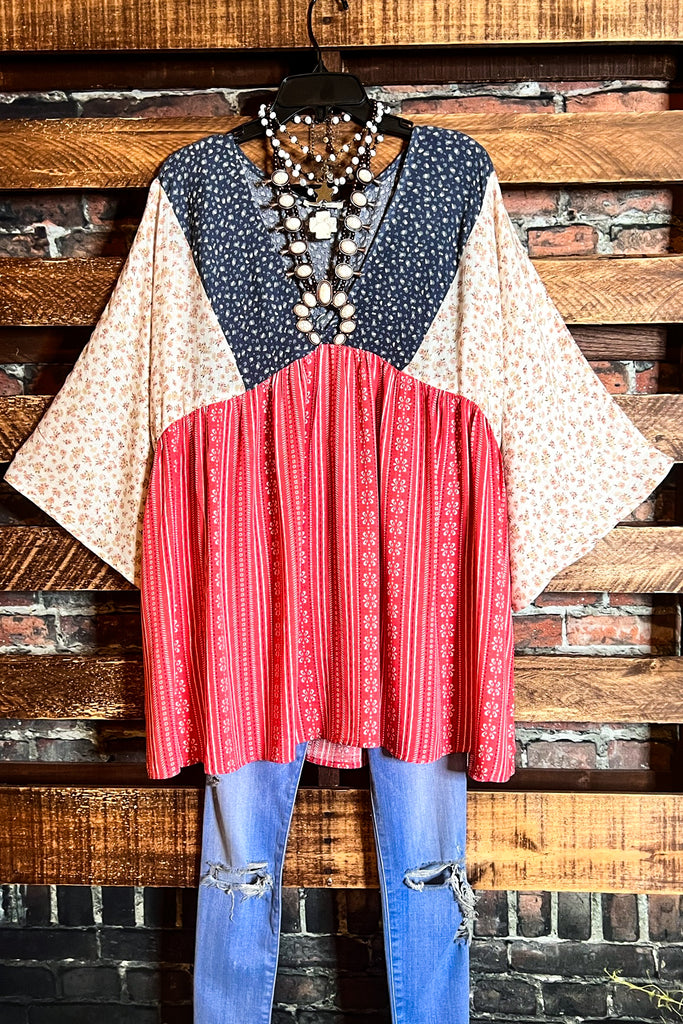 TOGETHER AS ONE HEART BLUE RED & WHITE OVERSIZED TOP