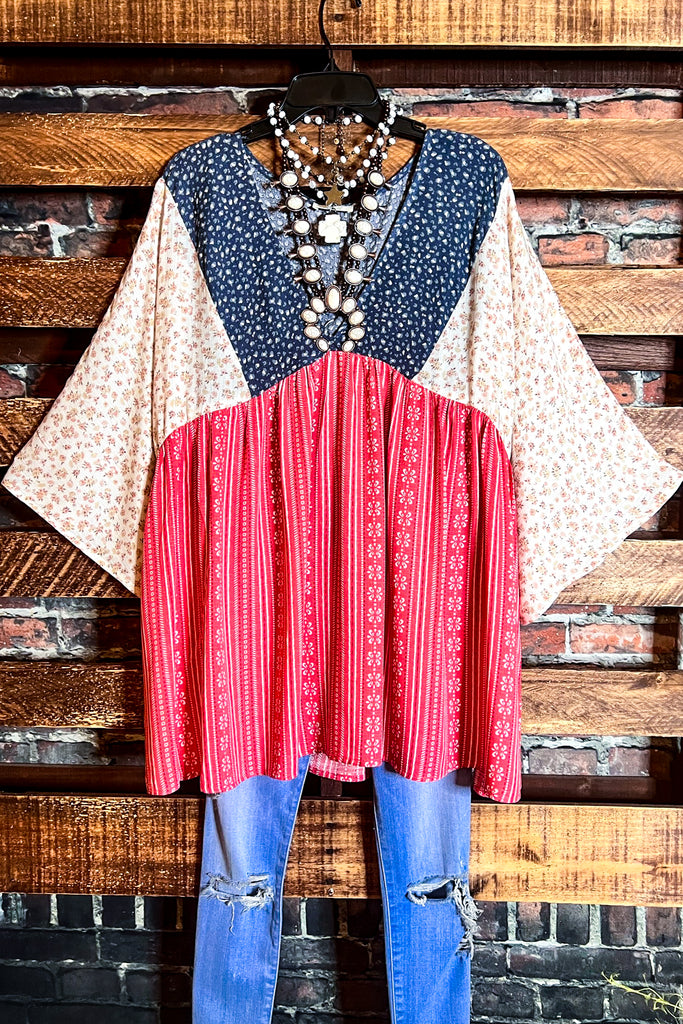 TOGETHER AS ONE HEART BLUE RED & WHITE OVERSIZED TOP