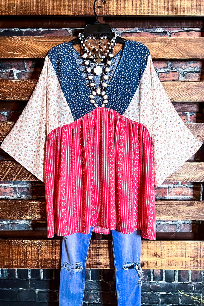 TOGETHER AS ONE HEART BLUE RED & WHITE OVERSIZED TOP