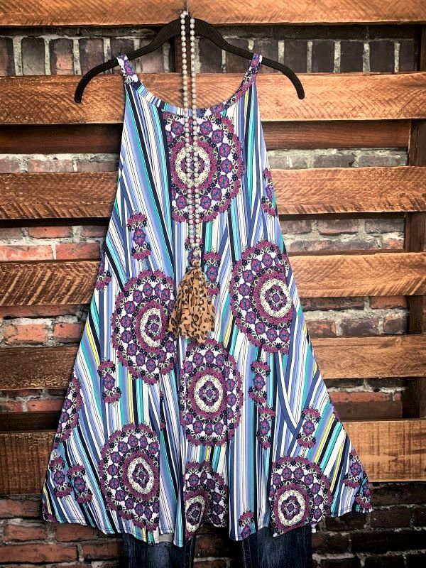 SWEET AND SUNNY DRESS MEDALLION PRINT IN BLUE & PURPLE---------------sale