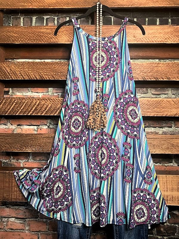 SWEET AND SUNNY DRESS MEDALLION PRINT IN BLUE & PURPLE---------------sale